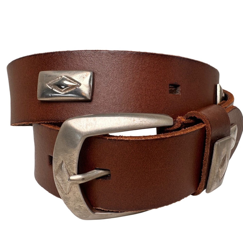 Vintage Brown Leather Belt Brass Buckle Studded Preppy Y2K Women S 27 Equestrian